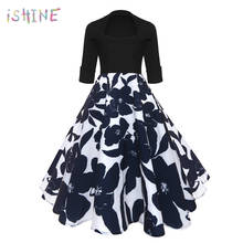 2018 Spring Vintage Dress Women Flower Print High Waist 3/4 Sleeves Party Dress 50s 60s Rockabilly Robe Swing A Line Dress Retro 2024 - buy cheap