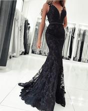 Black Robe De Soiree Mermaid V-neck Appliques Lace Beaded See Through Sexy Long Prom Dresses Prom Gown Evening Dresses 2024 - buy cheap