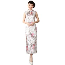 Традиционное китайское платье, Белое Женское платье Cheongsam Mujeres Vestido, женское шелковое длинное платье Qipao с цветочным принтом, размеры S, M, L, XL, XXL, J5112 2024 - купить недорого