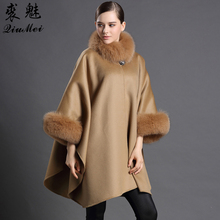 Genuine Fur Scarves Women's Wool Shawl With Fox Fur Collar Trendy Female Luxury Cashmere Women Winter Ponchos and Cape 2024 - buy cheap