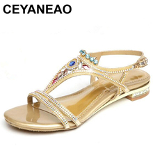 CEYANEAO-sandalias de cuña bohemias para mujer, chanclas de cuero genuino con diamantes de imitación, zapatos de playa, novedad de verano 2019 2024 - compra barato