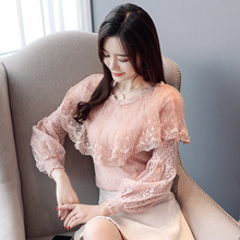 Long Sleeve 2019 New Lace Ruffle V-Colla Blouses Shirt Spring Autumn Women's Tops Lace White Pink Chiffon Blouse O-Neck 811i5 2024 - buy cheap