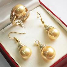 Design Golden 12mm Shell Pearl Earring Ring Pendant Jewelry Set>AAA GP Plated gold Bridal wide watch wings queen JEWE 2024 - buy cheap