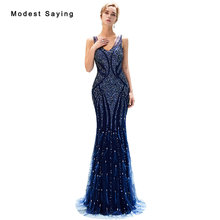 Роскошные вечерние платья с v-образным вырезом «звездное небо», с кристаллами и бусинами, темно-синие блестящие платья для помолвки, 2019 2024 - купить недорого