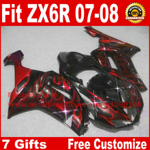 Комплект пластиковых обтекателей для Kawasaki Ninja 636 ZX6R 2007 2008 ZX-6R 07 08 обтекатель с красным пламенем в черном корпусе AV84 + 7 подарков 2024 - купить недорого
