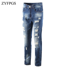 ZYFPGS New Men's Shinny Hole Blue Jeans Straight Slim Denim Pants Zipper Casual Stretch Men Jeans Slim Fit Jogger for Men 825 2024 - buy cheap