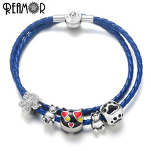 REAMOR Stainless steel Cartoon Cats Beads European Pan Bracelets Bangles Blue Genuine Leather Charm Bracelet Women DIY Jewelry 2024 - buy cheap