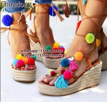 Luxury Brand Colorful Pom Pom Sandals Espadrilles Wedge Sandals Platform Lace up Gladiator Sandals Women Shoes Summer 2024 - buy cheap