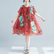 2019 Summer Plus Size Print Floral Red Female Casual Dresses A-Line Women Dress Chiffon Beach Holiday Vestidos LP239 2024 - buy cheap