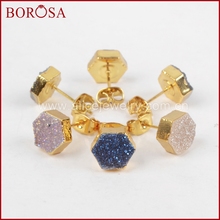 Серьги BOROSA Drusy с камнем женские, модные шестигранные золотистые серьги-гвоздики с натуральным камнем Друза из титана и жеоды, G1275 2024 - купить недорого