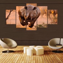 Cuadros modernos impresos en HD para sala de estar, marco de pintura en lienzo, póster con cabeza de rinoceronte, arte de pared de Animal para decoración del hogar, 5 paneles 2024 - compra barato