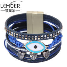LEMOER 2019 Vintage Multilayer Leather Heart Evil Eye Charm Bracelets & Bangles Wide Magnet Buckle Wristband Jewelry for Women 2024 - buy cheap