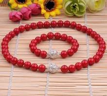CHARMING 8MM RED CORAL NECKLACE BRACELET JEWELRY SET 18" 2024 - buy cheap