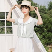 Chiffon Shirt Summer New Women Korean Slim Short Sleeve Round Collar Blouse Top Girl Student Bowknot Sweet French Shirts H9160 2024 - buy cheap