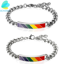 Boniskiss Personalized Bracelet For Couple Rainbow Stainless Steel Silver Color Bracelet & Bangle For Women Men Fashion Jewelry 2024 - buy cheap