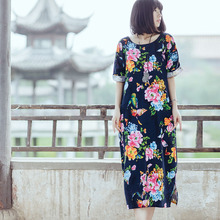 SCUWLINEN-vestido Vintage de lino con estampado de flores para mujer, Vestido largo de talla grande, informal, suelto, para verano, S18, 2021 2024 - compra barato