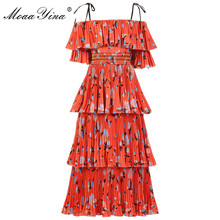 MoaaYina Designer de Moda Runway vestido Primavera Verão Mulheres Vestido Floral-Print Em Cascata Ruffle Vestidos de Férias de Praia 2024 - compre barato