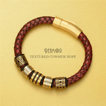 RUIMO Band Men Leather Bracelet Red Genuine Woven 316l Stainless Steel Gold Beads Bracelet Luxury Hand Jewelry 2019 2024 - buy cheap