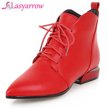 Lasyarrow-Botas de encaje de otoño para mujer, botines de tacón bajo grueso, puntiagudas sexys, zapatos blancos para boda, color negro y rojo, F244 2024 - compra barato