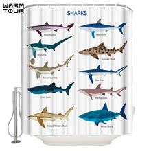Cortina de chuveiro aquecida tecido extra longo, cortinas com diferentes tipos de tubarões para banho e decoração de banheiro 2024 - compre barato
