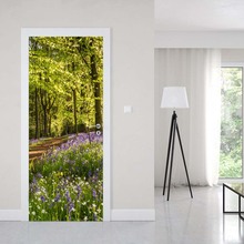 Pegatina de puerta 3D para sala de estar, papel tapiz autoadhesivo de PVC, vinilo impermeable para pared, camino de flores, bosque, dormitorio 2024 - compra barato