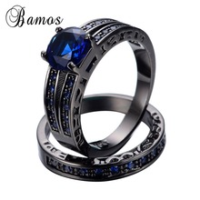 Bamos Blue AAA Zircon Stone Ring Sets For Women Men Black Gold Filled Wedding Party Engagement Promise Ring Anillos RB0351 2024 - buy cheap
