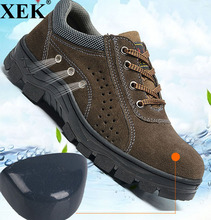 Xek masculino respirável aço toe sapatos de segurança com punção à prova midsole deslizamento resistência peso trabalho bota de couro genuíno st300 2024 - compre barato