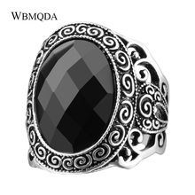 Wholesale Ethnic Punk Goth Black Stone Hollow Pattern Ring Vintage Big Tibetan Silver Statement Ring Men Accessories Jewelry 2024 - buy cheap