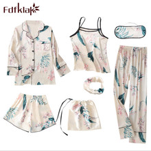 Fdfklak Spring Summer Pyjamas Women Home Wear Pijama Sexy Faux Silk Floral 7 Pieces Pajama Set Woman Sleep Wear Set Q1003 2024 - buy cheap