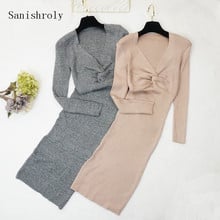 2018 Autumn Winter V-Neck Sweater Dress Women Long Sleeve Knitted Dresses Female Midi Long Sheath Bottoming Dress Vestidos SE297 2024 - buy cheap