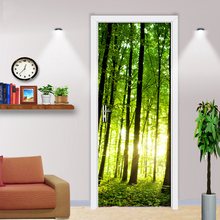 Настенные 3D обои с зеленым лесом и деревом, для обновления гостиной, самоклеящиеся дверные наклейки из ПВХ, виниловые дверные обои в рулоне 2024 - купить недорого