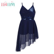 iiniim Girls Party Dancing Dress Spaghetti Shoulder Straps V-Neck Sequined Irregular Hem Latin Dance Costumes Lyrical Tutu Dress 2024 - buy cheap