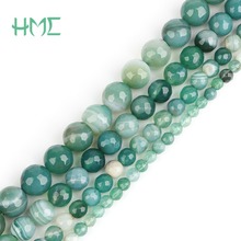 Miçangas de bola redonda para colar diy, dia 4 6 8 10mm com faixa de pedra verde tingida natural, descobertas para fabricação de joias, colar pulseira 2024 - compre barato