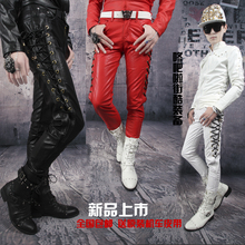 28-37 ! 2015 Male new slim male red and white motorcycle leather pants non-mainstream men's clothing ds singer costumes trousers 2024 - buy cheap