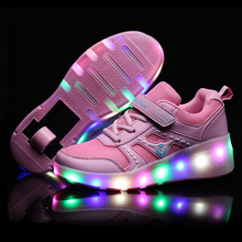 Детские светящиеся кроссовки, кроссовки с колесами, светодиодный светильник, роликовые коньки, спортивный светящийся светильник, обувь для мальчиков розового и черного цвета 2024 - купить недорого