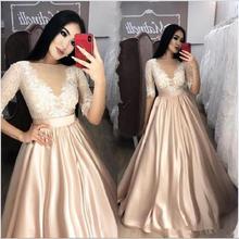 Abendkleider Lang Champagne Evening Dresses With Sleeves 2022 Sheer Applique Lace Prom Gowns Formal Women Pageant Party Dress 2024 - buy cheap