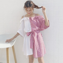 Verão nova versão coreana feminina do estilo faculdade slash neck strapless costura espaguete cinta vestido irregular 2024 - compre barato