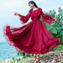 Бесплатная доставка Boshow 2020 новые модные женские длинные платья макси с расклешенными рукавами весенние богемные шифоновые S-L красные платья с оборками 2024 - купить недорого