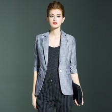 Blazers-traje de lino 80% de seda para mujer, ropa de trabajo de alta calidad con un solo botón, Mangas de tres cuartos a rayas, nueva moda 20% 2024 - compra barato
