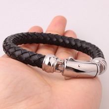 9,4 мм модный серебристый цвет застежка черный браслет плетеный кожаный мужской браслет для мальчиков браслет из нержавеющей стали подарок для друга 9 дюймов (23 см) 2024 - купить недорого
