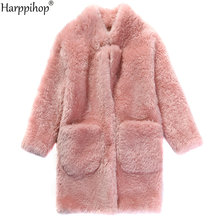 Real Wool fur coat jacket overcoat women's winter warm genuine fur coat PU leather inside cream color 2024 - buy cheap