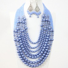 Diseño de Moda de 7 filas, collar, pendientes, azul claro, Concha redonda, perlas de imitación, abacus, cuentas de cristal, elegante conjunto de joyería artesanal B1312 2024 - compra barato