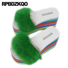Designer Slides Women 2021 Green Sandals Raccoon Mink Fur 5 Flatforms Fox Slip On Real High Heel Shoes Platform Wedge Slippers 2024 - buy cheap