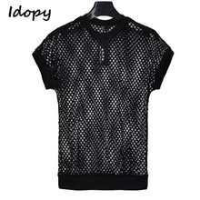 Idopy camiseta verão masculina, camiseta nova marca slim fit transparente gótico punk pulôveres masculinos de malha com manga curta, camiseta casual 2024 - compre barato