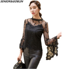 Spring Autumn Long Flare Sleeve Black Lace Blusas Top Elegante Women Fashion Runway Sexy Hollow Out Mesh Tops Blouses 2024 - buy cheap