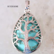 Silver Color Tree of life Water Drop Necklace Pendant Natural Gem Stone Green Howlite 1Pcs K443 2024 - buy cheap