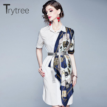 Trytree 2020 Summer Women Dress Casual Turn-down Collar Belt Asymmetry Silky Patchwork Shirt Dress Above Knee Office Lady dress 2024 - buy cheap