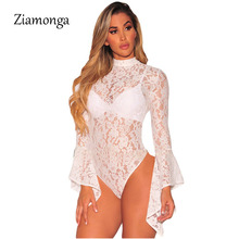 Ziamonga Vintage High Neck Lace Bodysuit Women Long Flare Sleeve Open Back Body Jumpsuit Sexy Bodycon Romper Overalls For Women 2024 - buy cheap