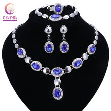 Conjunto de joyas de cristal azul para mujer, enchapado en plata de lujo, conjunto de joyería nupcial de Dubái para novias, collar, pendientes, accesorios de fiesta de boda 2024 - compra barato