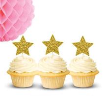 Topo para cupcake de aniversário com glitter, decoração de festa de ano novo para batismo, biscoito, pequena estrela, palitos de dentes 2024 - compre barato